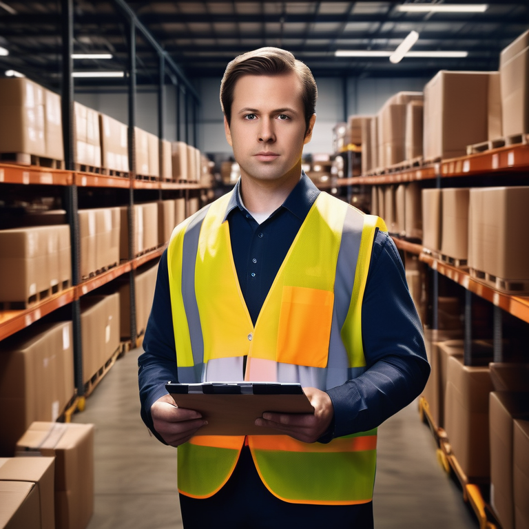 A professional with a clipboard overseeing a busy warehouse operation.
